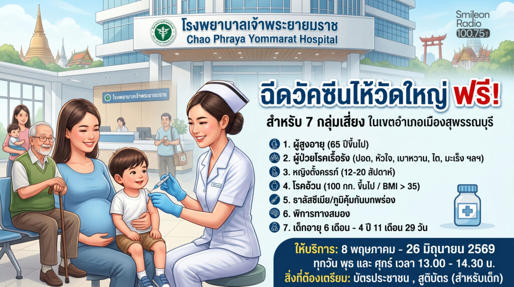 โรงพยาบาลเจ้าพระยายมราช ขอเชิญชวน 7 กลุ่มเสี่ยง รับบริการฉีดวัคซีนไข้หวัดใหญ่ ฟรี!